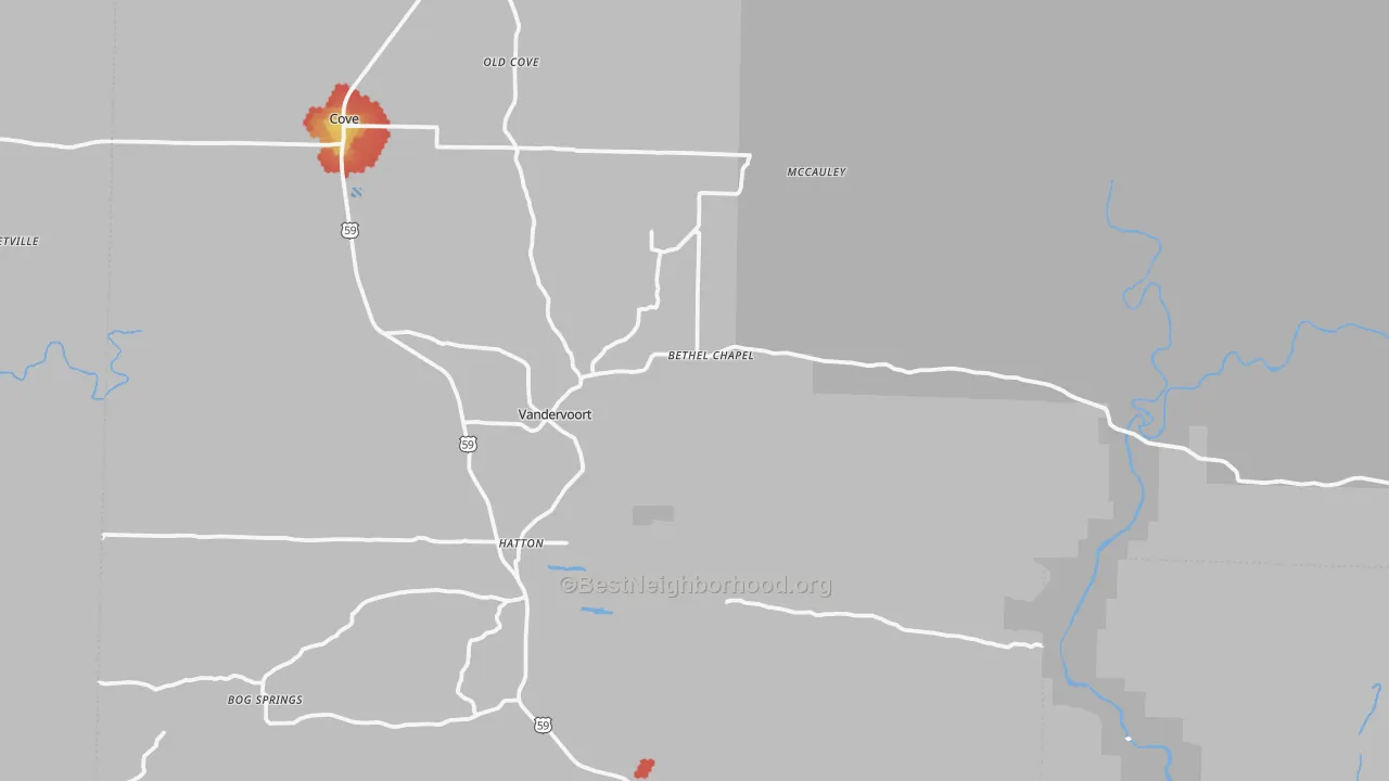 Walk Grade map of Vandervoort, AR, walkable areas in green and car-dependent areas in red