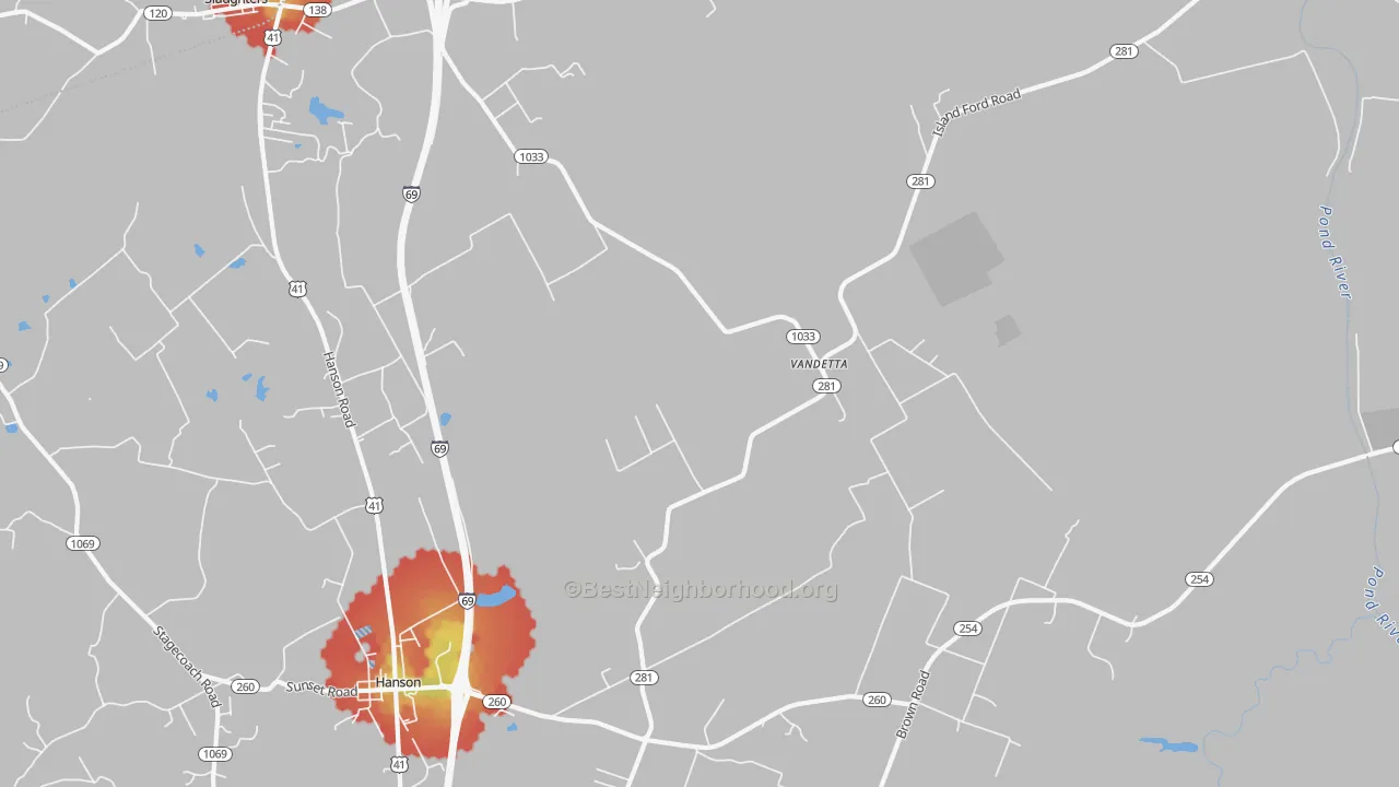 Walk Grade map of Vandetta, KY, walkable areas in green and car-dependent areas in red
