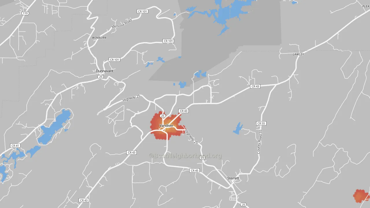 Walk Grade map of Vandiver, AL, walkable areas in green and car-dependent areas in red