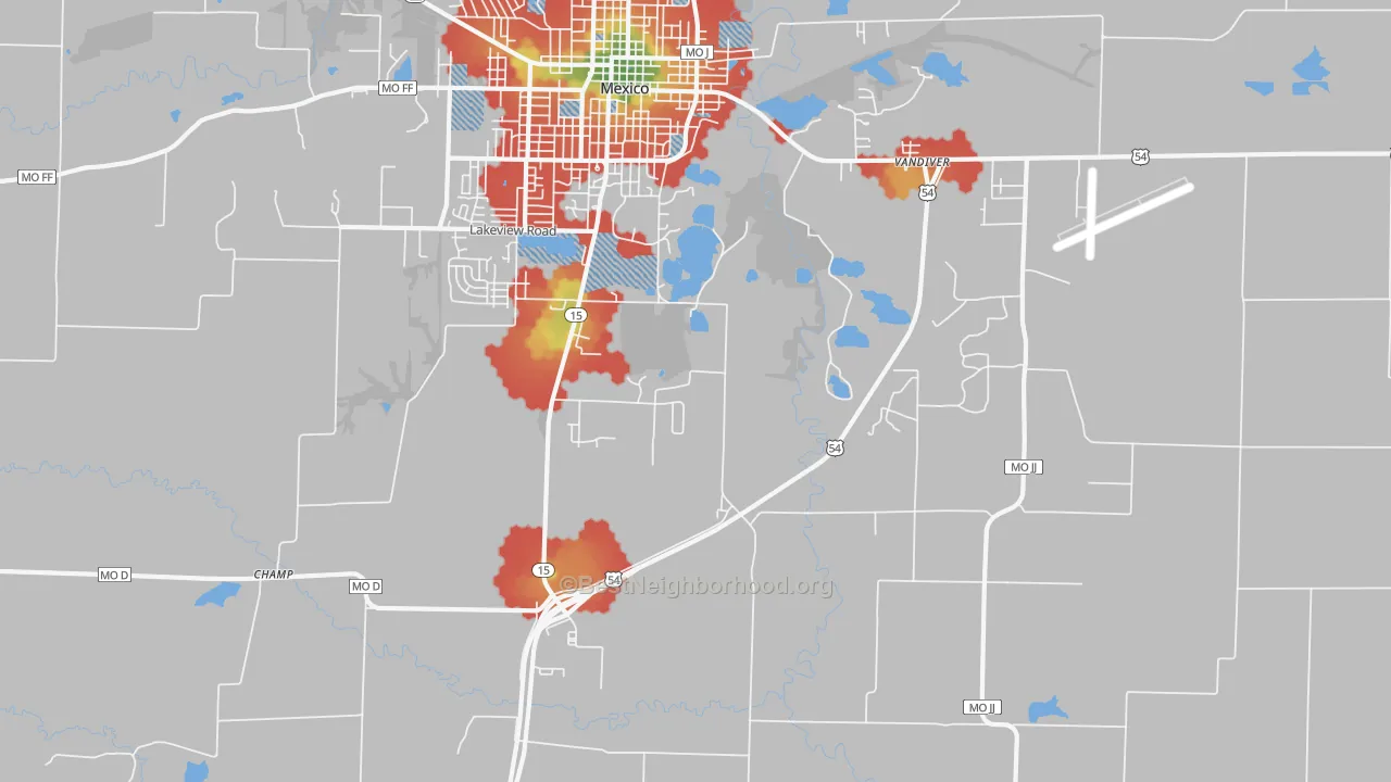 Walk Grade map of Vandiver, MO, walkable areas in green and car-dependent areas in red