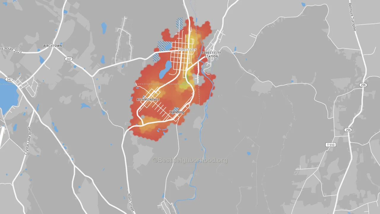 Walk Grade map of Vandling, PA, walkable areas in green and car-dependent areas in red