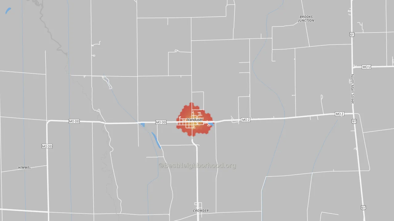 Walk Grade map of Vanduser, MO, walkable areas in green and car-dependent areas in red