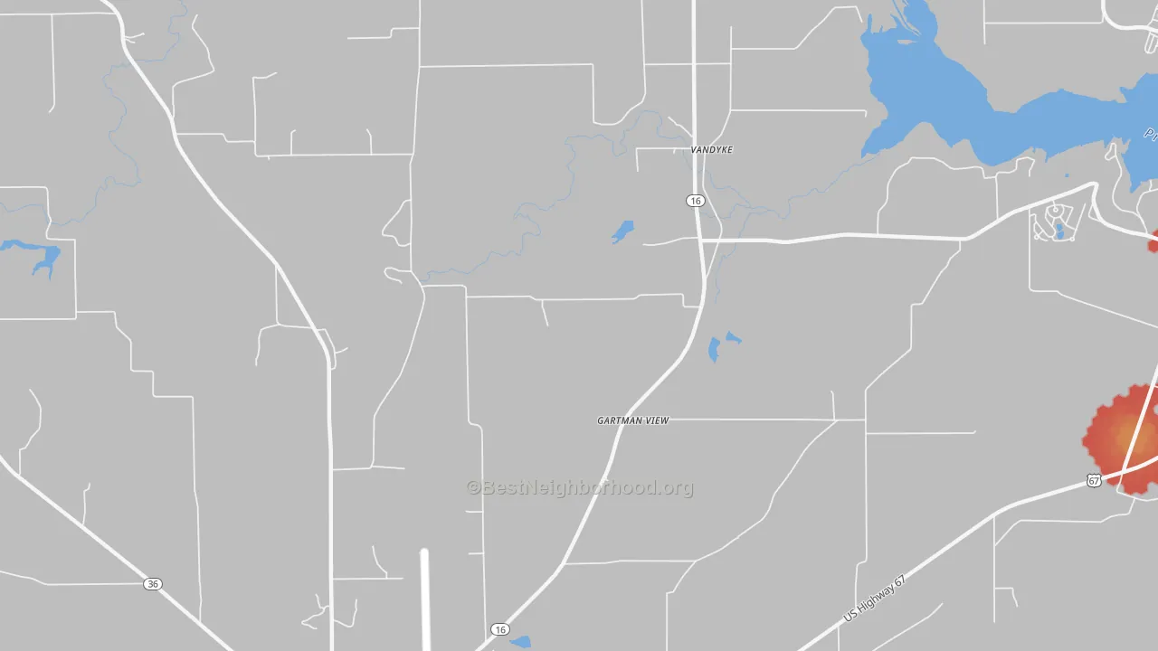 Walk Grade map of Vandyke, TX, walkable areas in green and car-dependent areas in red