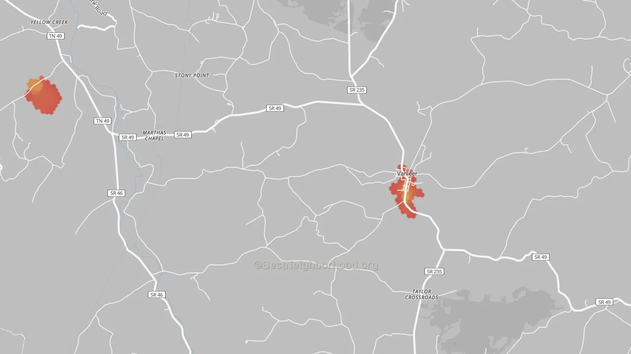 Walk Grade map of Vanleer, TN, walkable areas in green and car-dependent areas in red