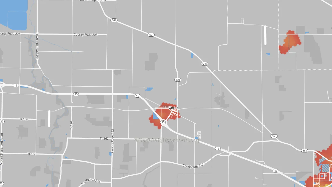 Walk Grade map of Vanlue, OH, walkable areas in green and car-dependent areas in red