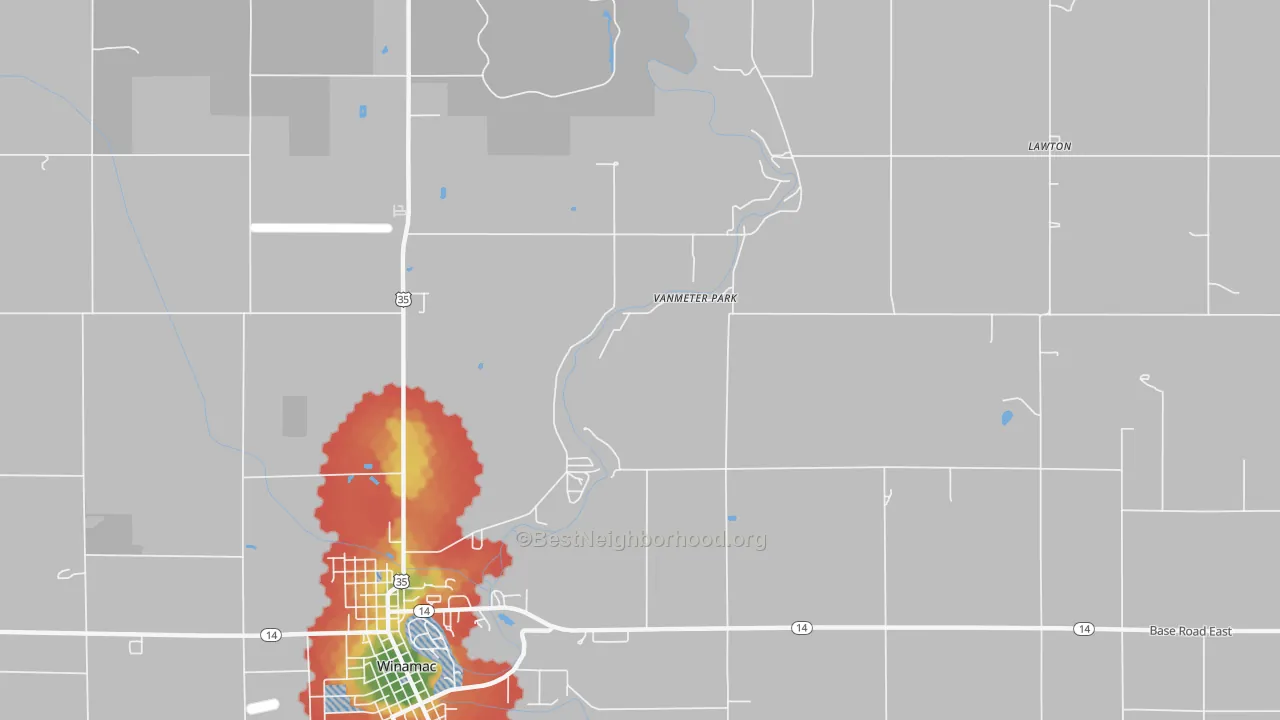 Walk Grade map of Vanmeter Park, IN, walkable areas in green and car-dependent areas in red