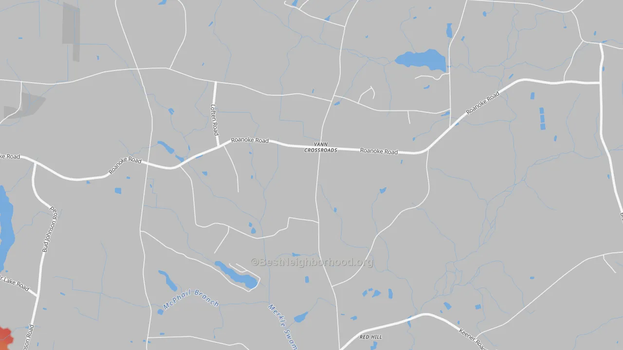 Walk Grade map of Vann Crossroads, NC, walkable areas in green and car-dependent areas in red