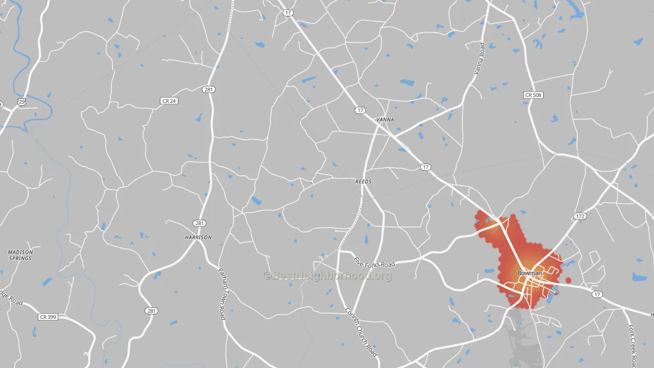 Walk Grade map of Vanna, GA, walkable areas in green and car-dependent areas in red