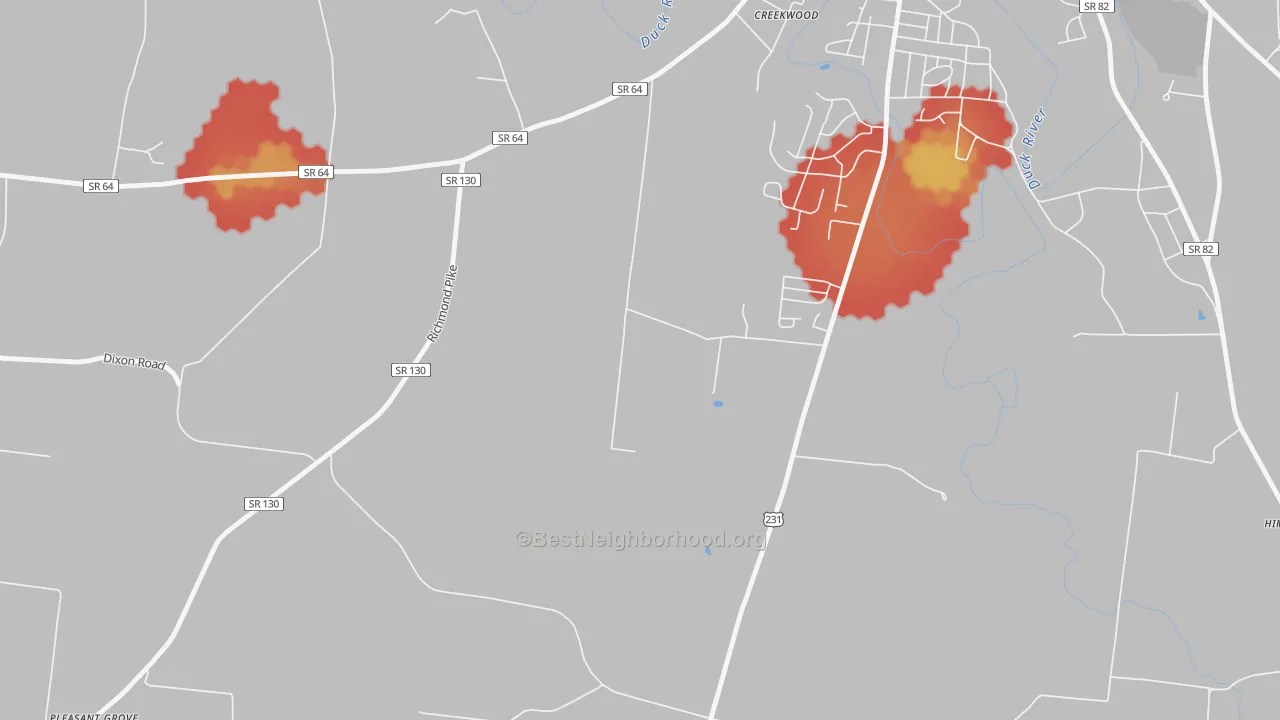 Walk Grade map of Vannatta, TN, walkable areas in green and car-dependent areas in red