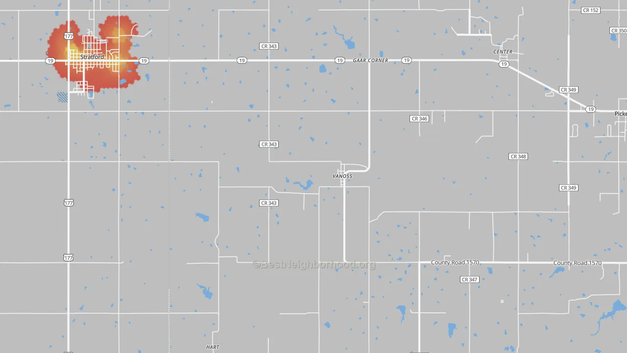 Walk Grade map of Vanoss, OK, walkable areas in green and car-dependent areas in red