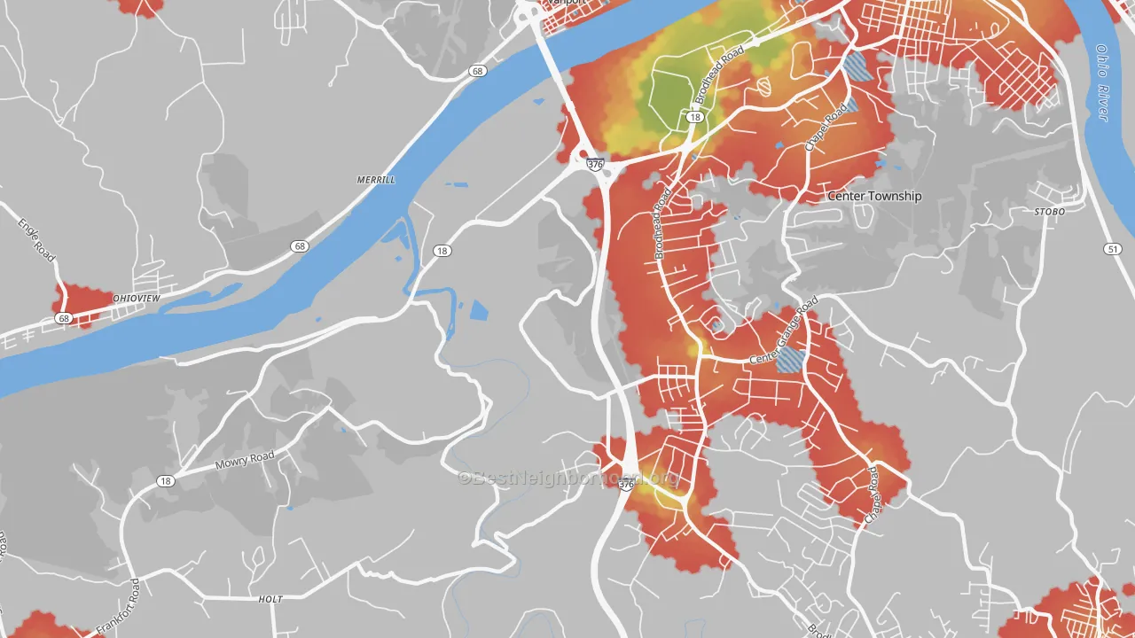 Walk Grade map of Vanport, PA, walkable areas in green and car-dependent areas in red