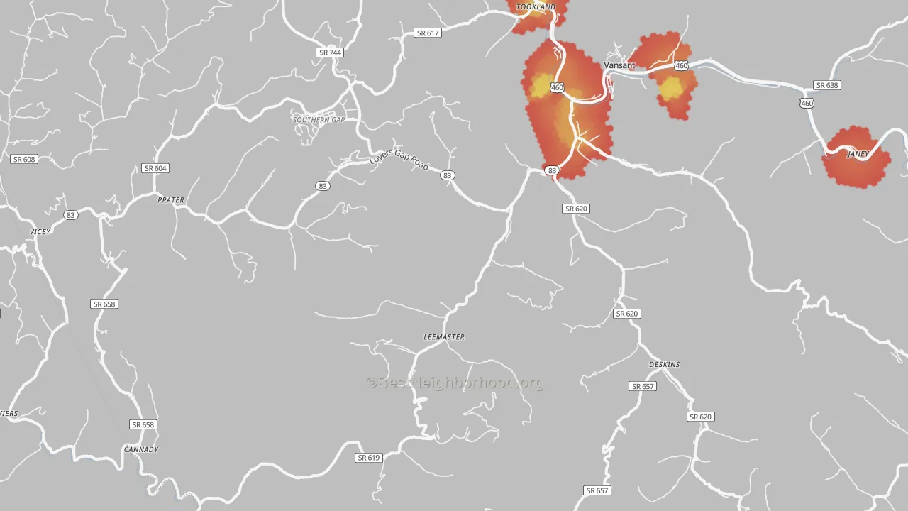 Walk Grade map of Vansant, VA, walkable areas in green and car-dependent areas in red