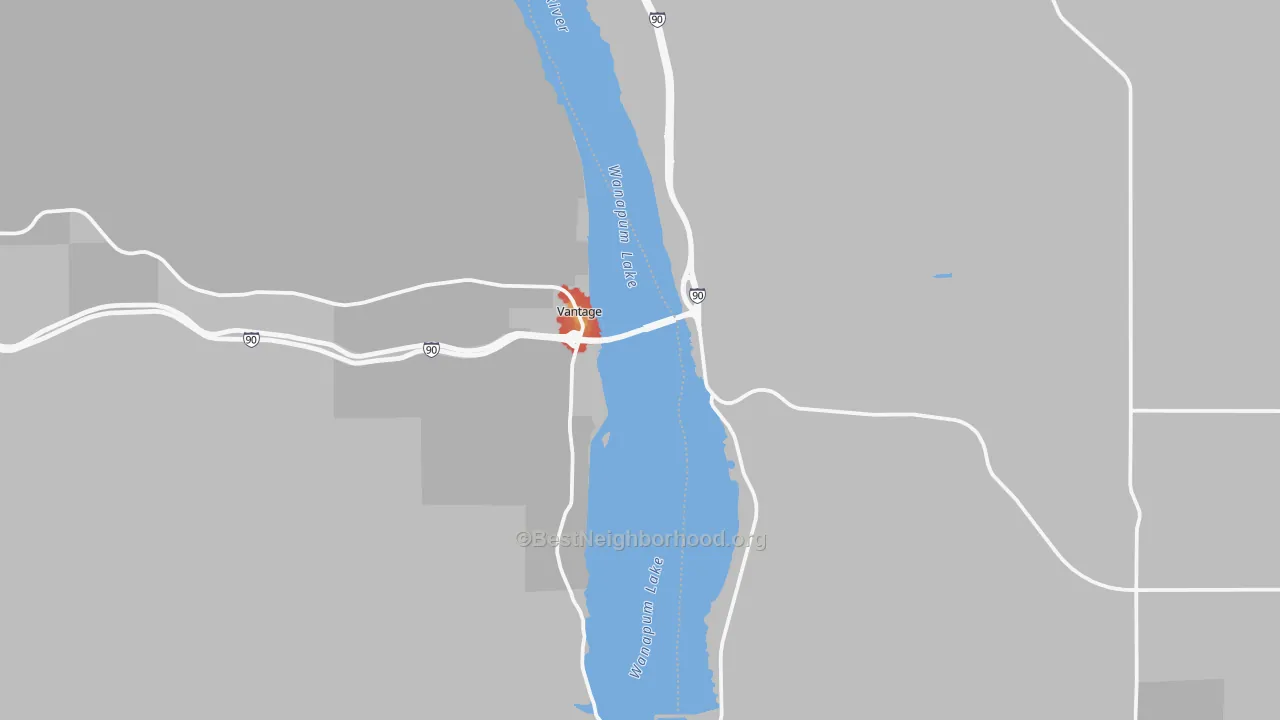 Walk Grade map of Vantage, WA, walkable areas in green and car-dependent areas in red