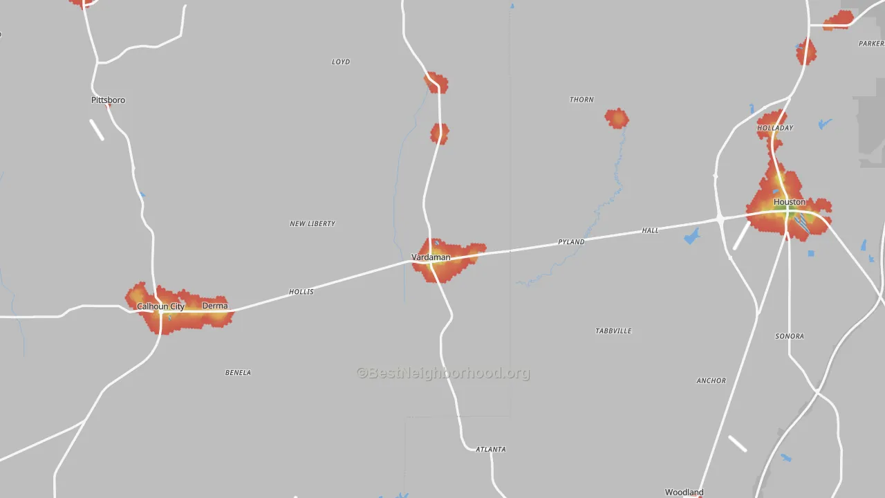 Walk Grade map of Vardaman, MS, walkable areas in green and car-dependent areas in red