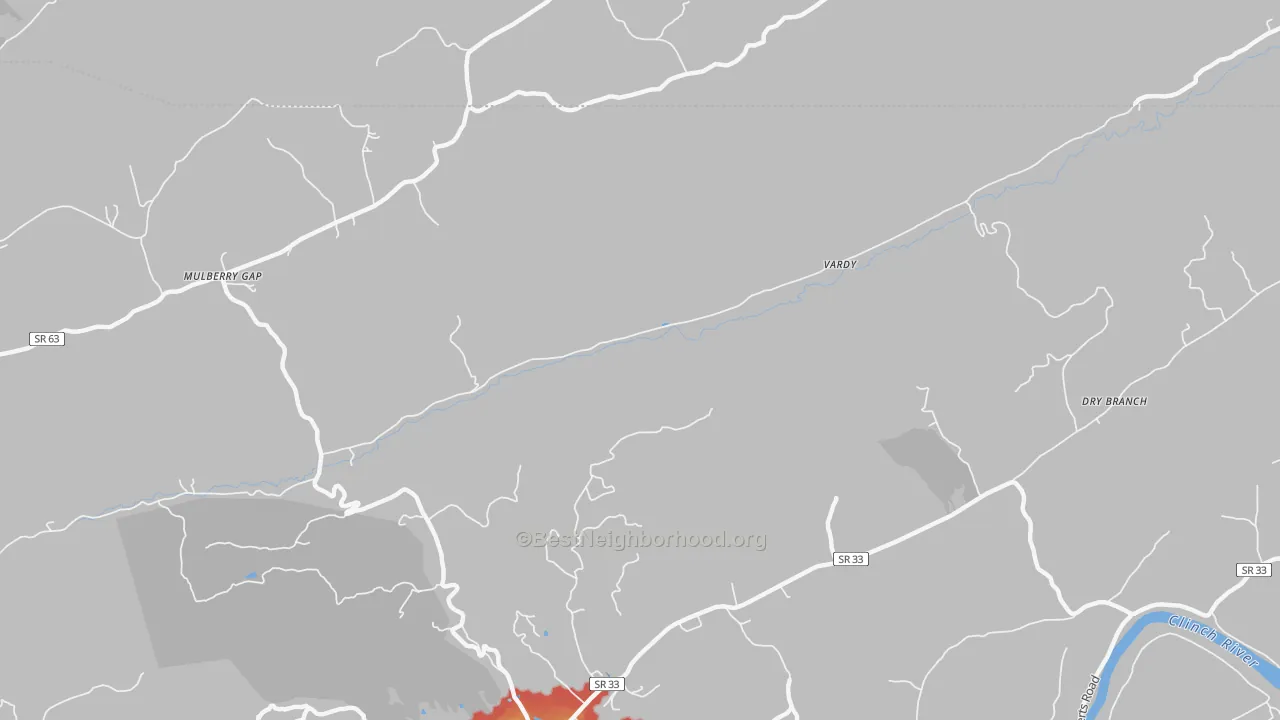 Walk Grade map of Vardy, TN, walkable areas in green and car-dependent areas in red