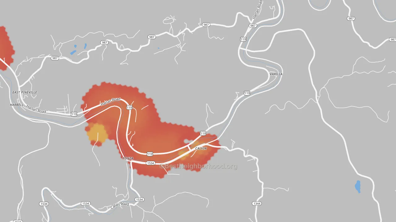 Walk Grade map of Varilla, KY, walkable areas in green and car-dependent areas in red