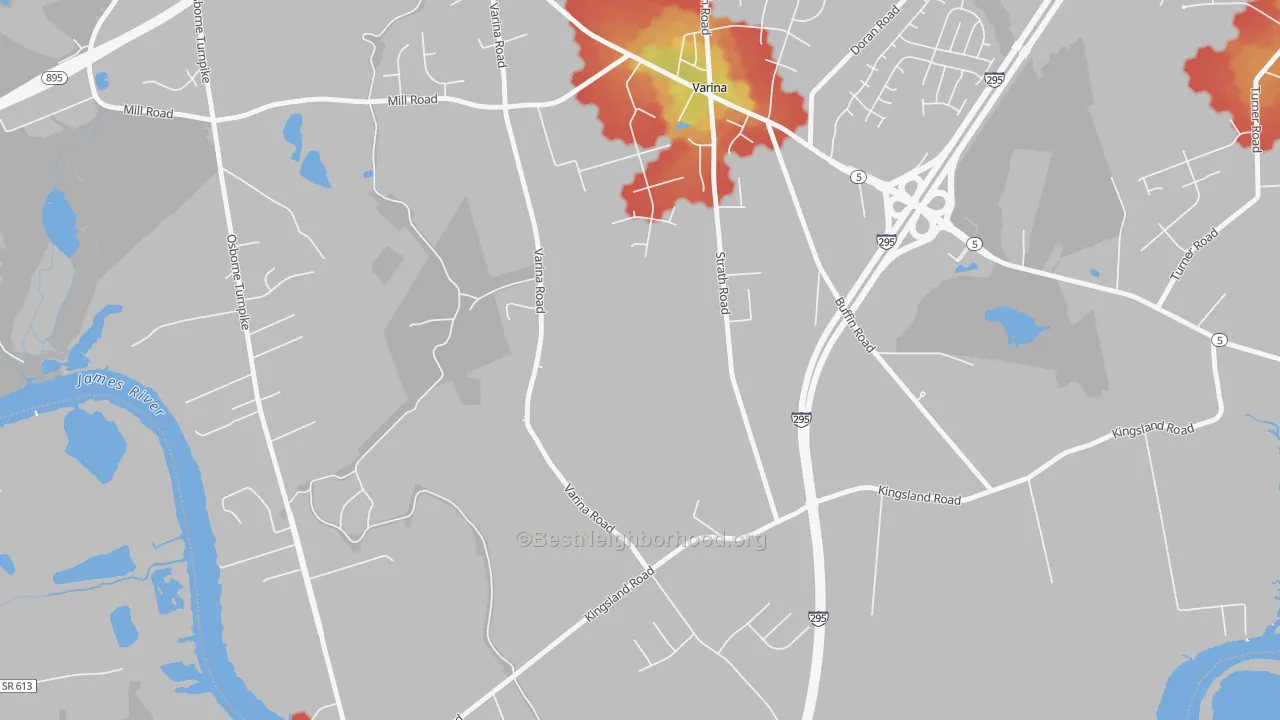 Walk Grade map of Varina, VA, walkable areas in green and car-dependent areas in red