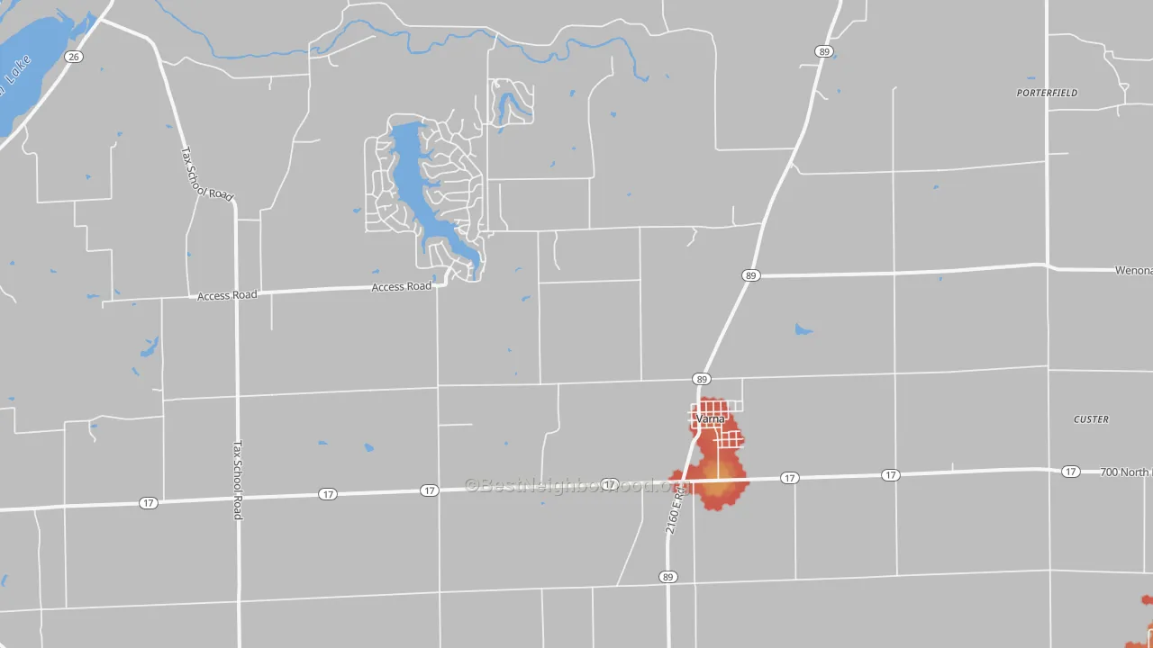 Walk Grade map of Varna, IL, walkable areas in green and car-dependent areas in red