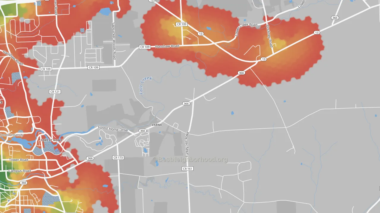 Walk Grade map of Varna, NY, walkable areas in green and car-dependent areas in red