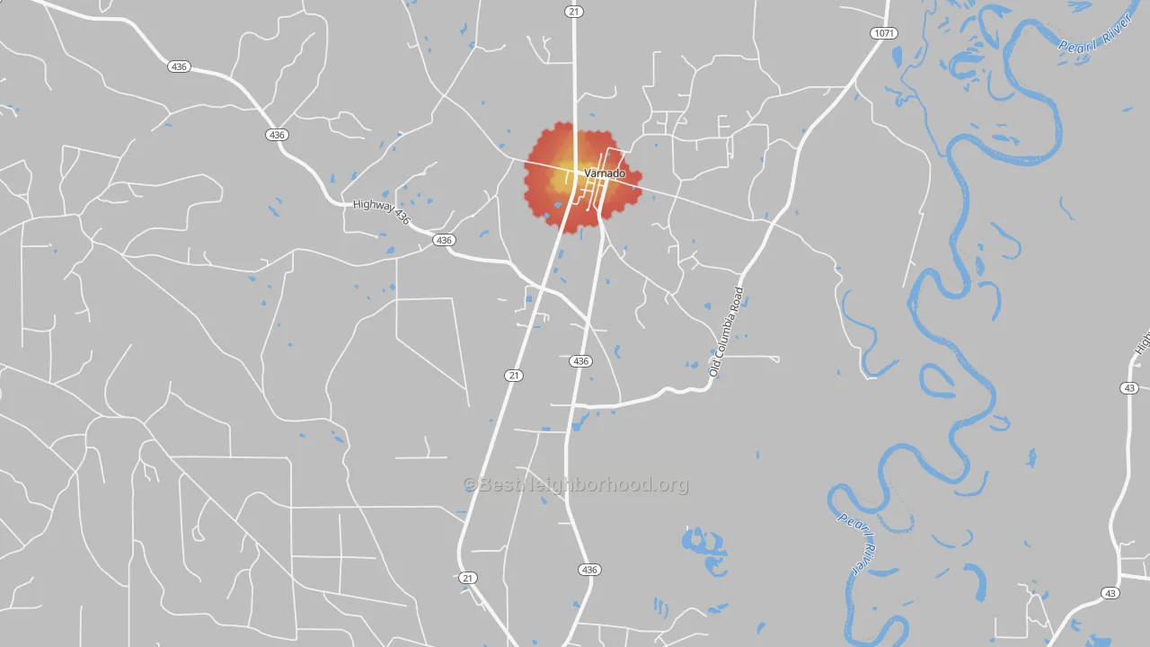 Walk Grade map of Varnado, LA, walkable areas in green and car-dependent areas in red