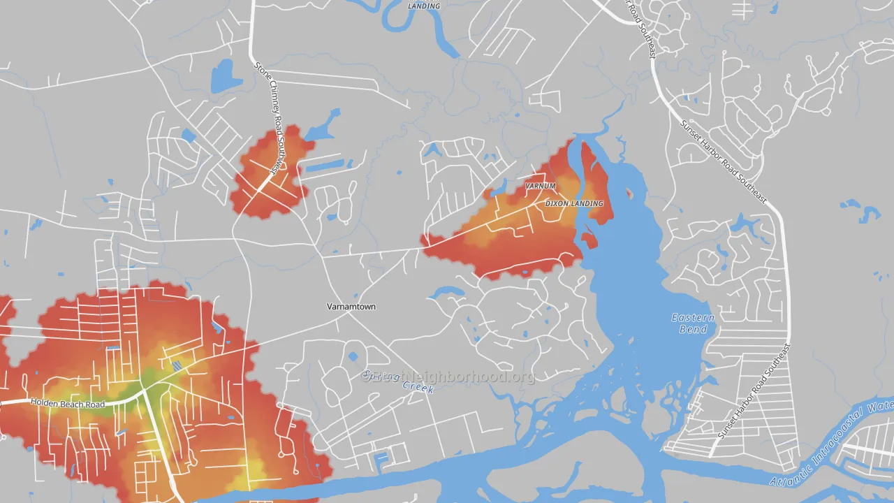 Walk Grade map of Varnamtown, NC, walkable areas in green and car-dependent areas in red