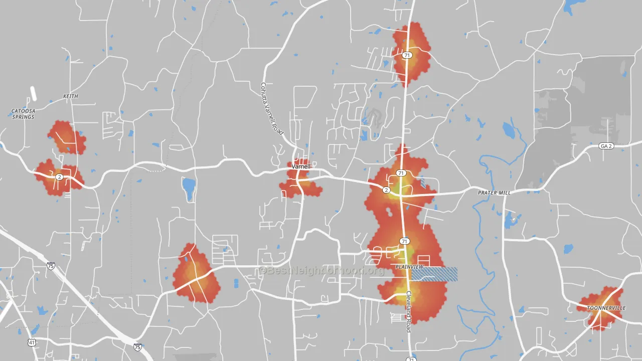 Walk Grade map of Varnell, GA, walkable areas in green and car-dependent areas in red