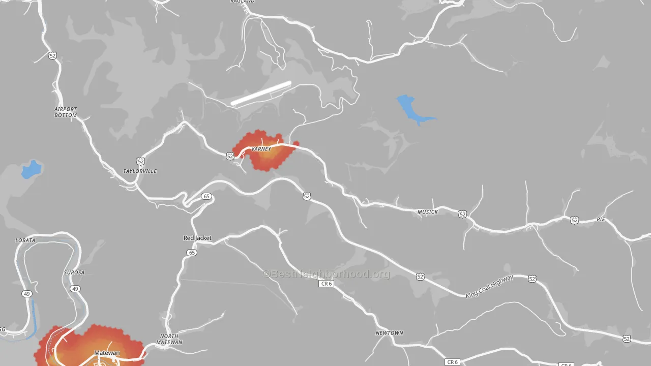 Walk Grade map of Varney, WV, walkable areas in green and car-dependent areas in red
