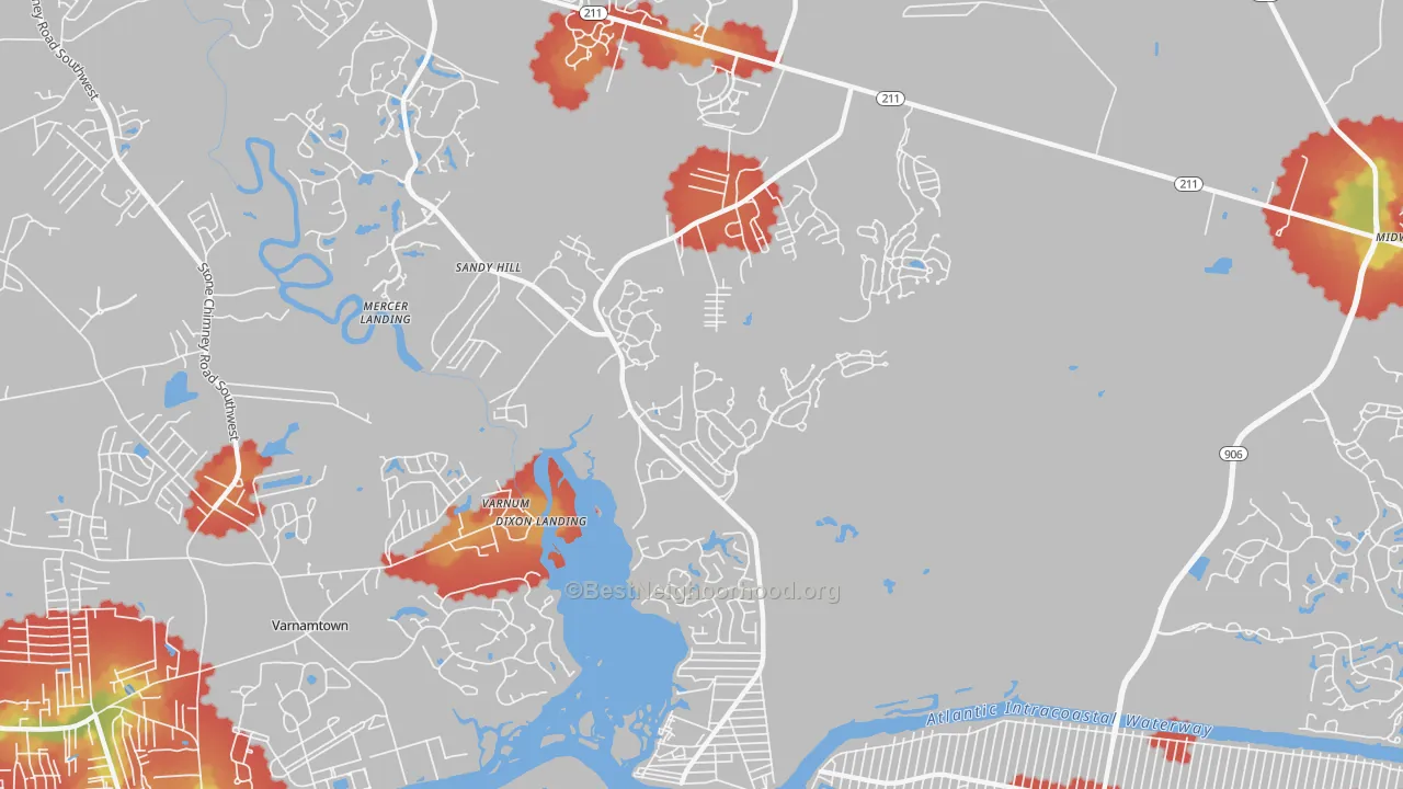 Walk Grade map of Varnum, NC, walkable areas in green and car-dependent areas in red
