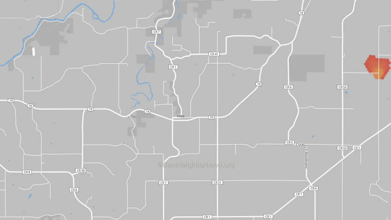 Walk Grade map of Vasa, MN, walkable areas in green and car-dependent areas in red