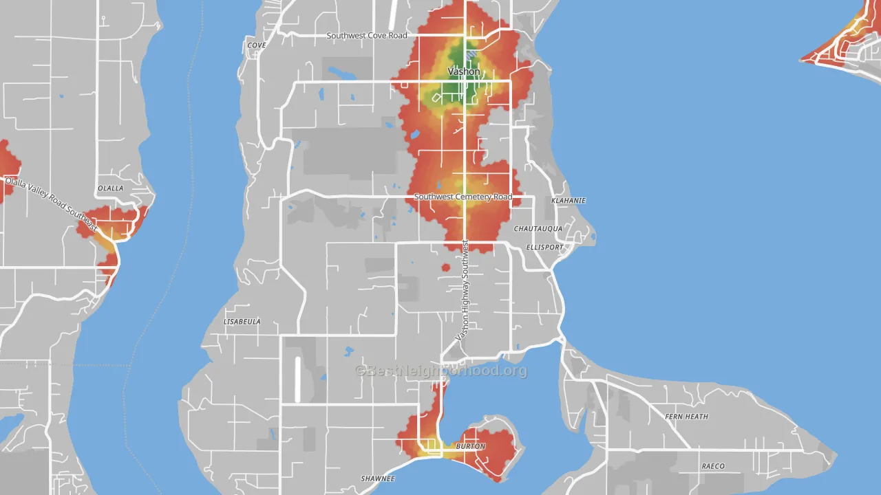 Walk Grade map of Vashon, WA, walkable areas in green and car-dependent areas in red