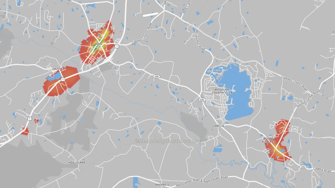 Walk Grade map of Vass, NC, walkable areas in green and car-dependent areas in red