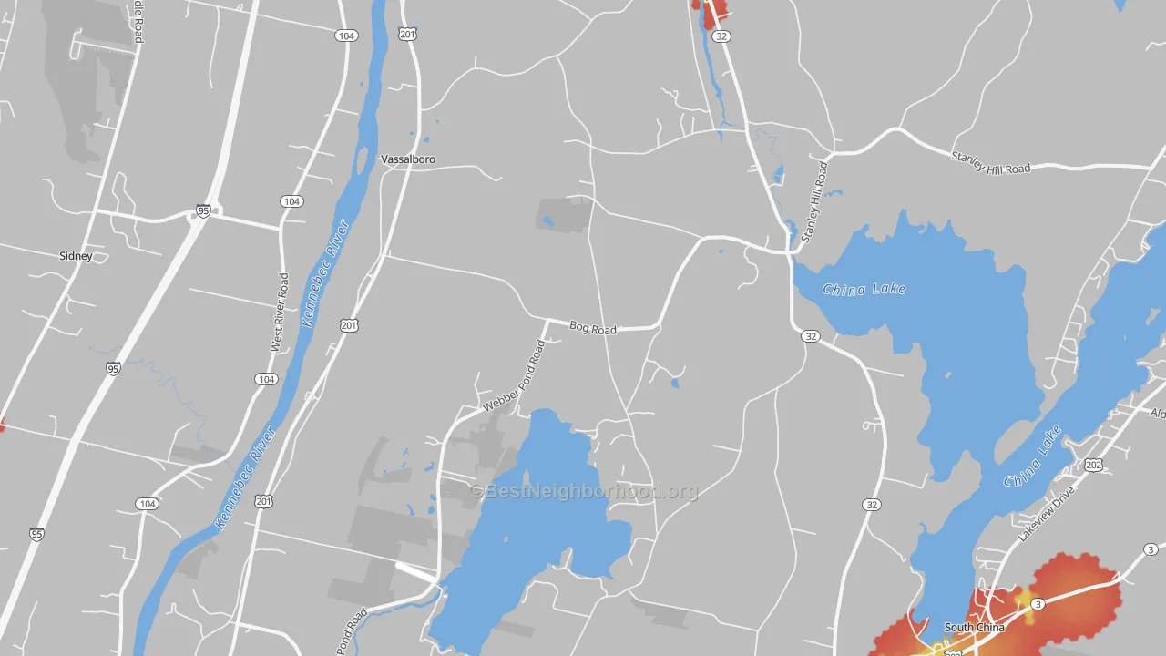 Walk Grade map of Vassalboro, ME, walkable areas in green and car-dependent areas in red