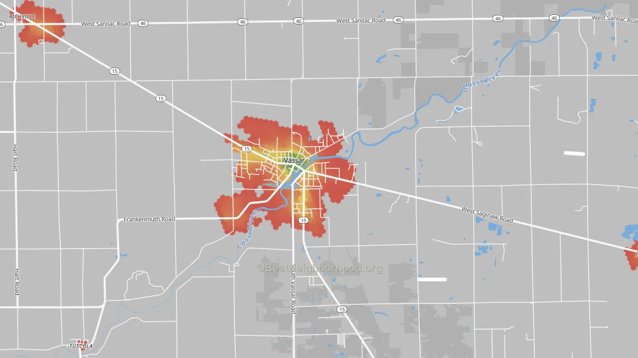 Walk Grade map of Vassar, MI, walkable areas in green and car-dependent areas in red