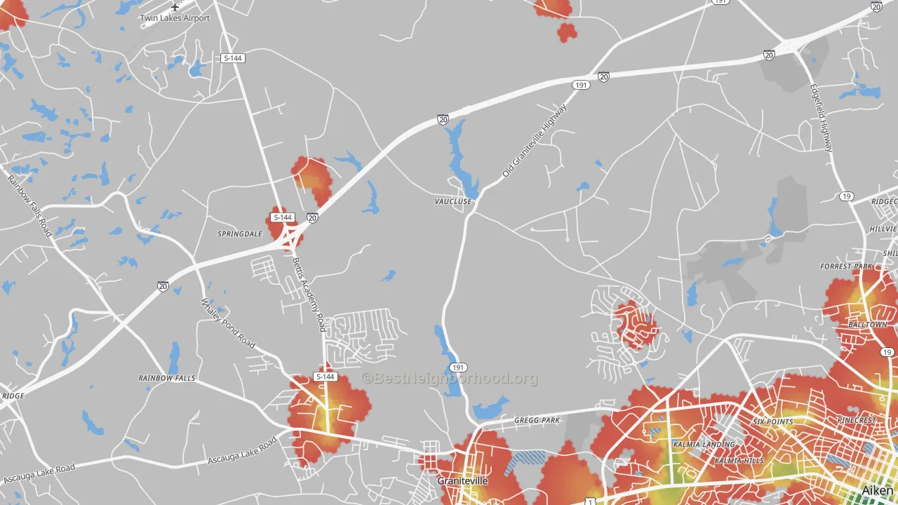 Walk Grade map of Vaucluse, SC, walkable areas in green and car-dependent areas in red
