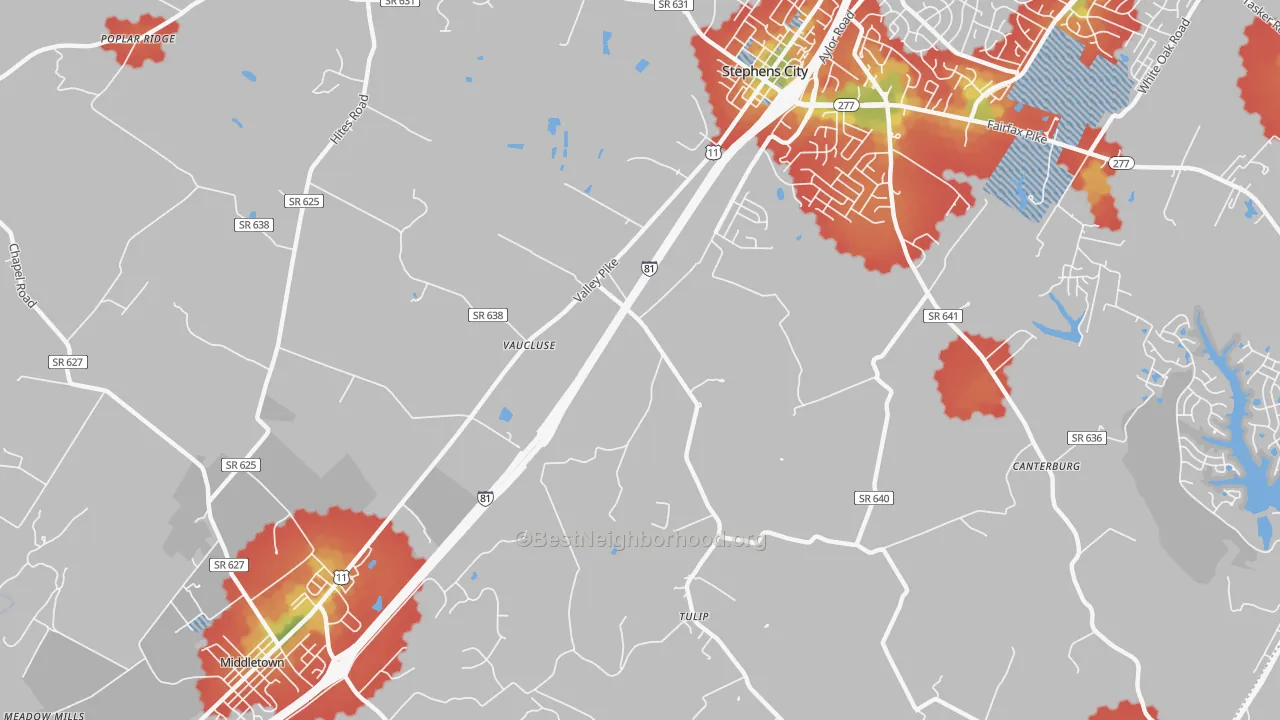 Walk Grade map of Vaucluse, VA, walkable areas in green and car-dependent areas in red