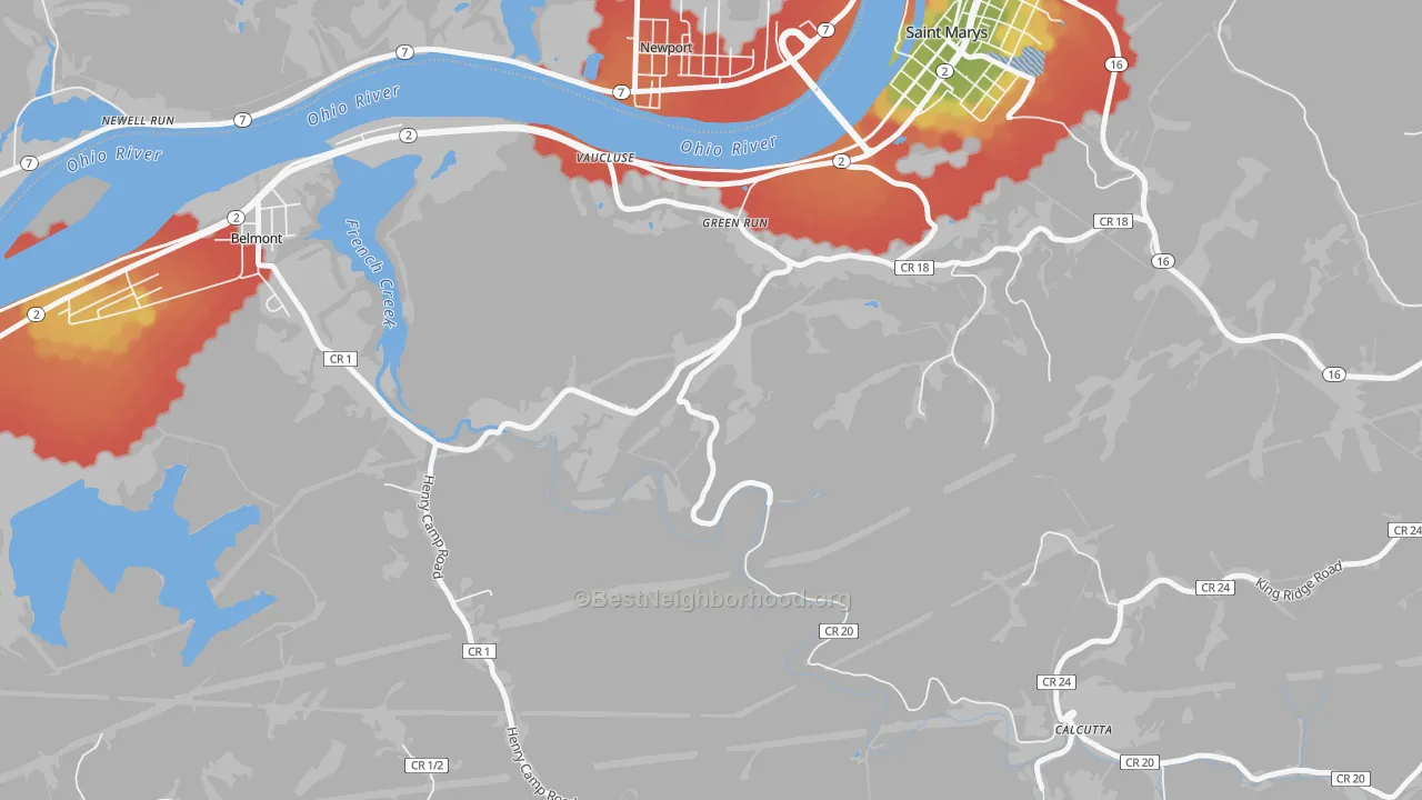 Walk Grade map of Vaucluse, WV, walkable areas in green and car-dependent areas in red