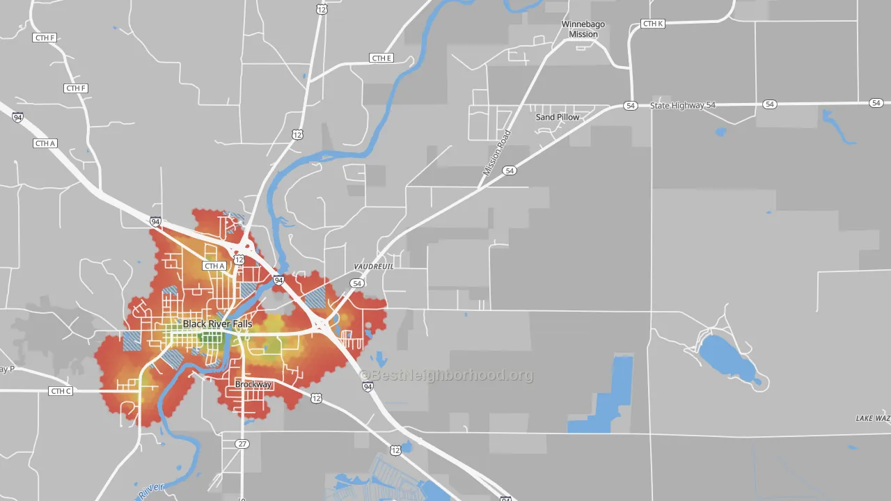 Walk Grade map of Vaudreuil, WI, walkable areas in green and car-dependent areas in red