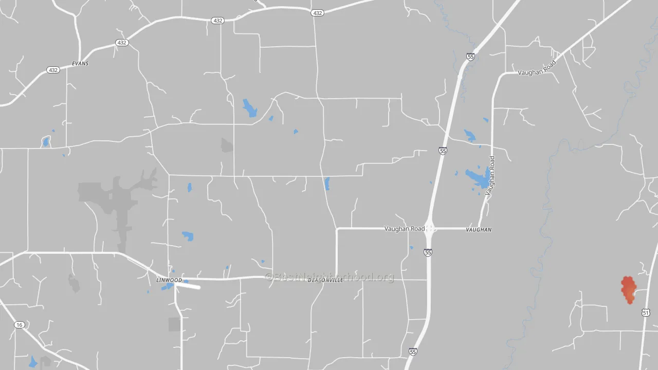 Walk Grade map of Vaughan, MS, walkable areas in green and car-dependent areas in red