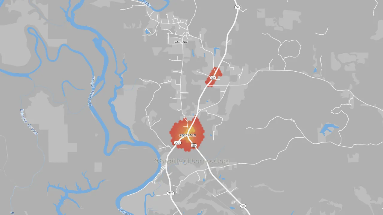 Walk Grade map of Vaughn, AL, walkable areas in green and car-dependent areas in red
