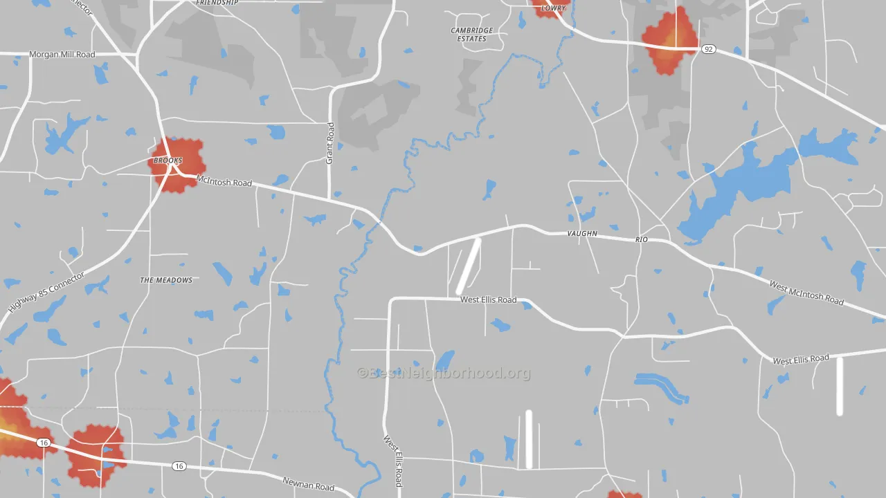 Walk Grade map of Vaughn, GA, walkable areas in green and car-dependent areas in red