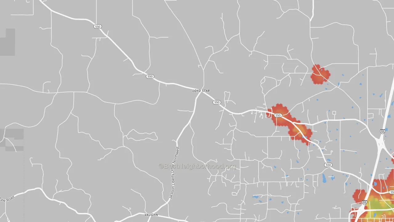 Walk Grade map of Vaughn, MS, walkable areas in green and car-dependent areas in red