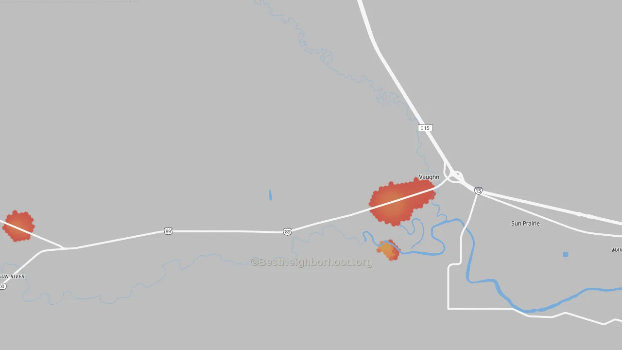 Walk Grade map of Vaughn, MT, walkable areas in green and car-dependent areas in red