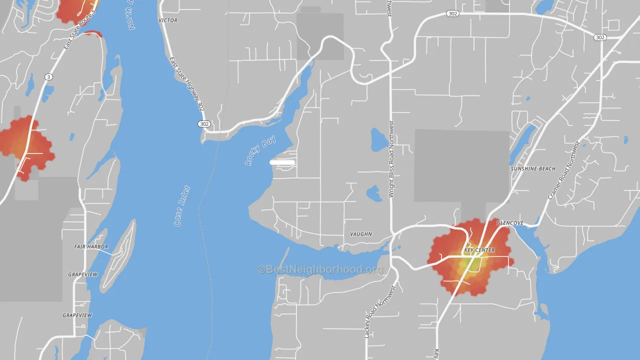 Walk Grade map of Vaughn, WA, walkable areas in green and car-dependent areas in red