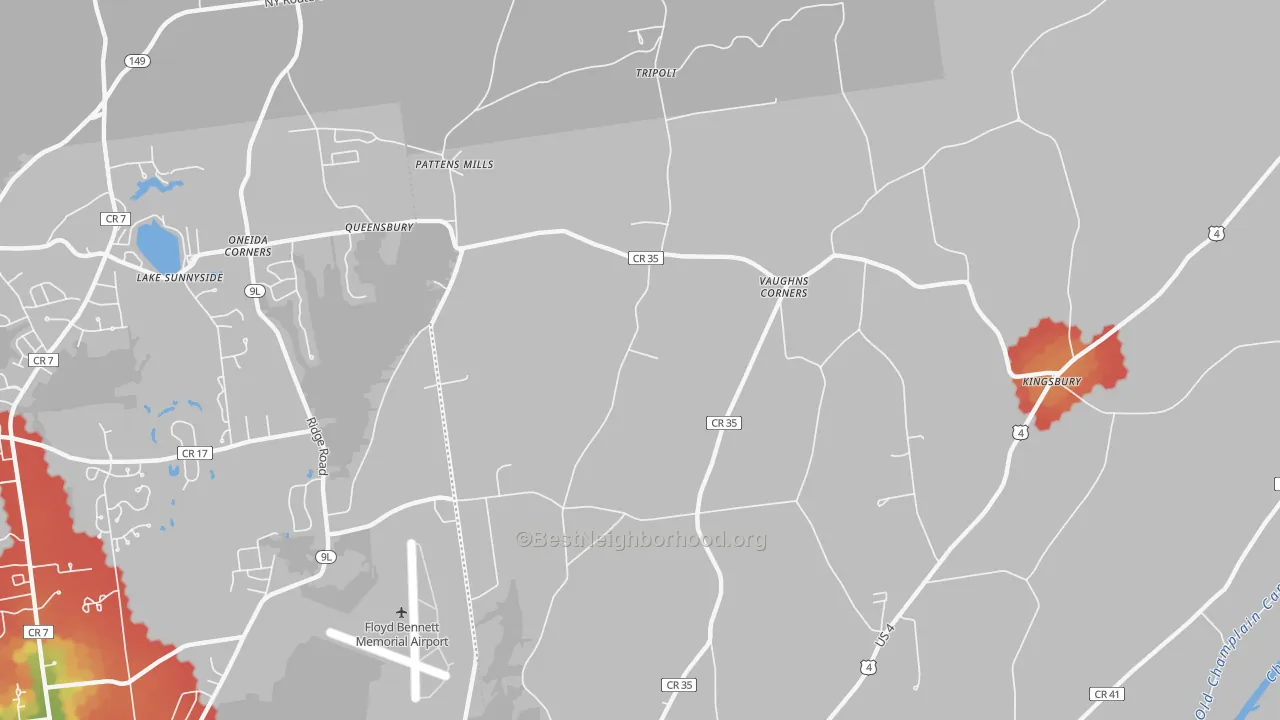 Walk Grade map of Vaughns Corners, NY, walkable areas in green and car-dependent areas in red