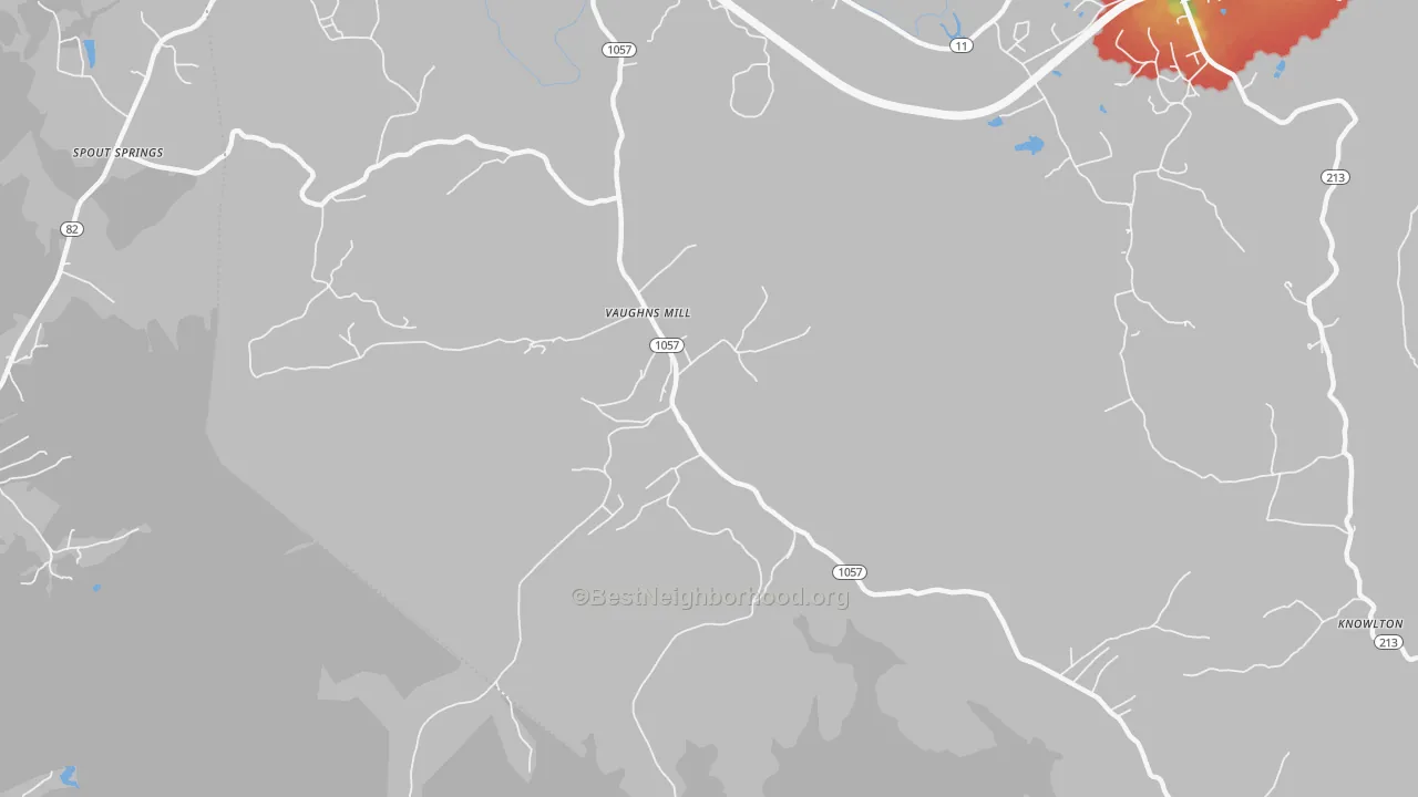 Walk Grade map of Vaughns Mill, KY, walkable areas in green and car-dependent areas in red