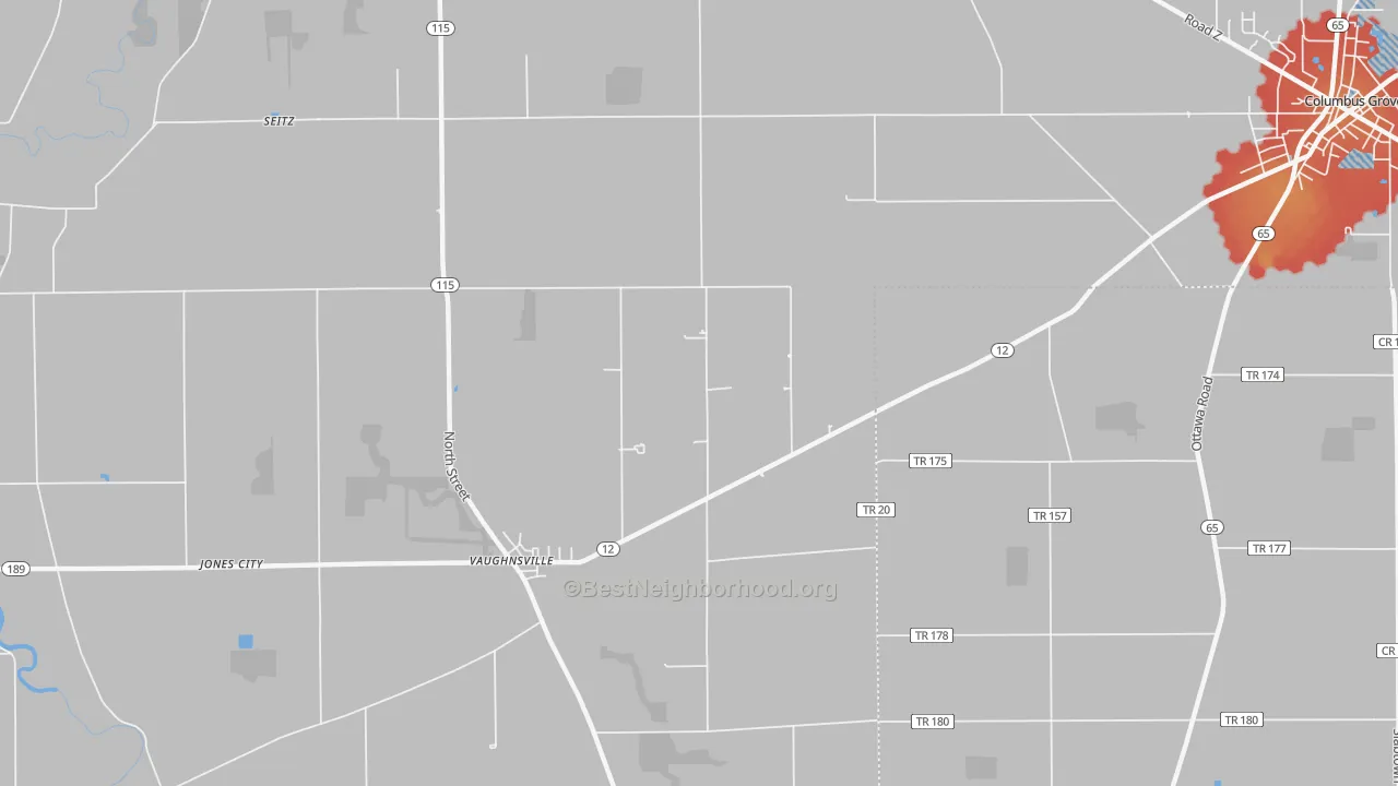 Walk Grade map of Vaughnsville, OH, walkable areas in green and car-dependent areas in red