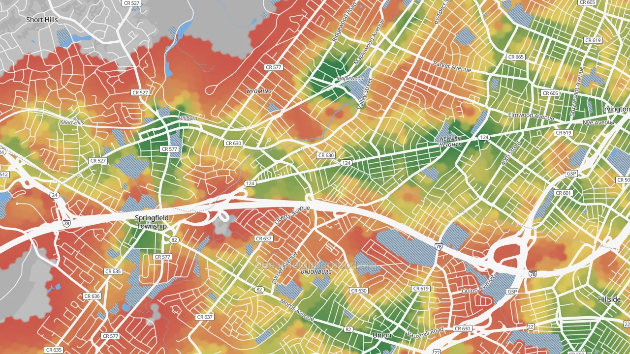 Walk Grade map of Vauxhall, NJ, walkable areas in green and car-dependent areas in red