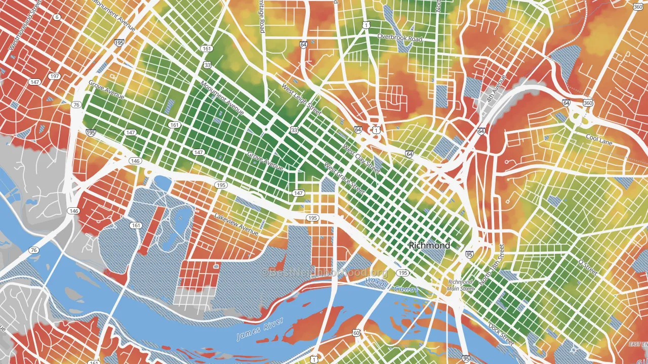 Walk Grade map of VCU, Richmond, VA, walkable areas in green and car-dependent areas in red