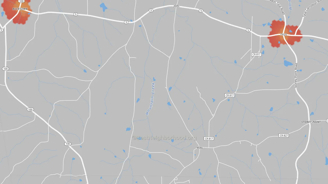 Walk Grade map of Veal, GA, walkable areas in green and car-dependent areas in red