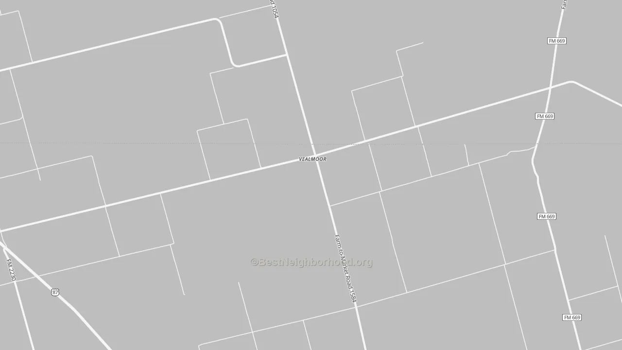 Walk Grade map of Vealmoor, TX, walkable areas in green and car-dependent areas in red
